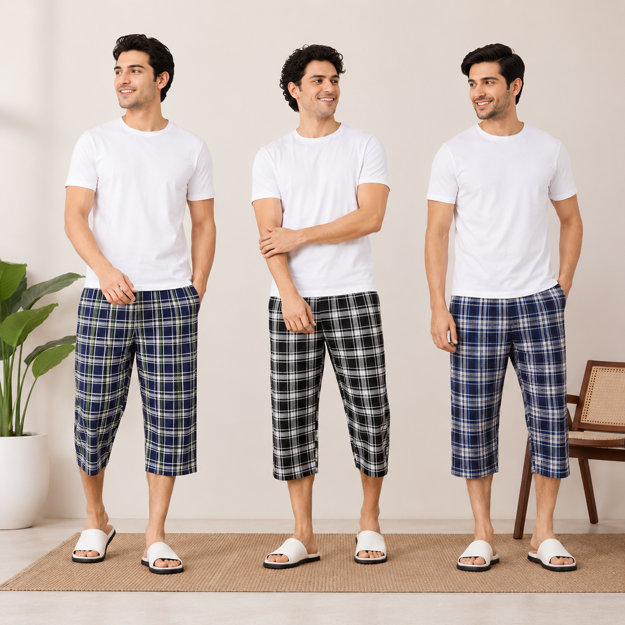 Men’s Cotton Check 3 Quarter Trousers – Soft & Stylish