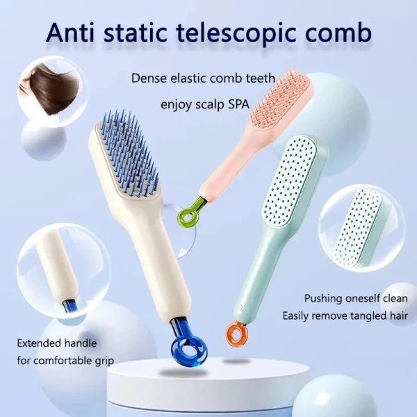 Enjoy a smooth hair care experience with this anti-static telescopic comb. Designed with dense elastic teeth, it provides a gentle scalp massage while effectively detangling hair. Its extended ergonomic handle ensures a comfortable grip. Ideal for men, women, and kids for daily use. Push-to-clean feature makes hair removal quick and easy. Perfect for dry or wet hair styling, travel, or home use.