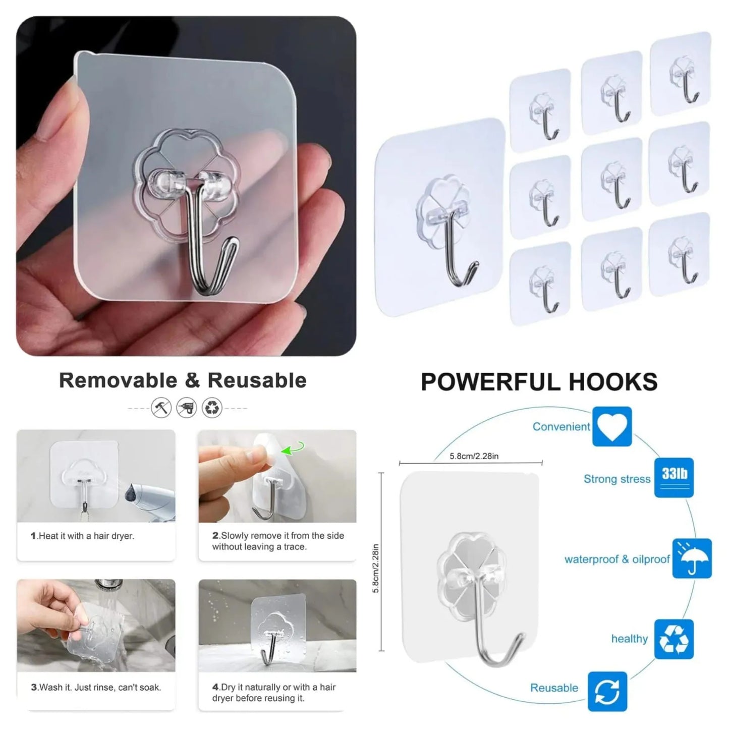 Pack of 10 transparent self-adhesive wall hooks for hanging items on smooth surfaces like tiles, wood, and glass.