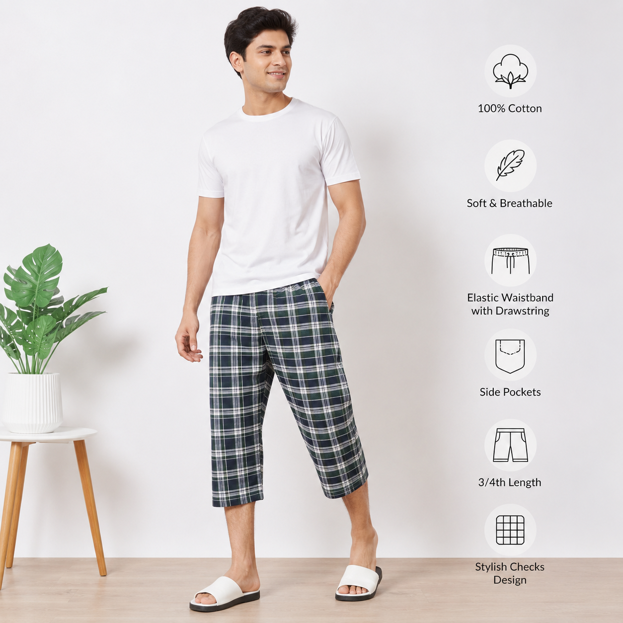 Men’s Cotton Check 3 Quarter Trousers – Soft & Stylish