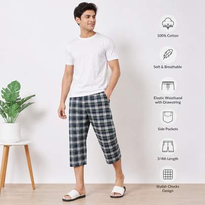 Men’s Cotton Check 3 Quarter Trousers – Soft & Stylish