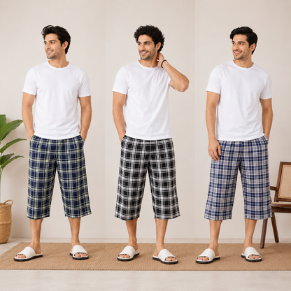 Men’s Cotton Check 3 Quarter Trousers – Soft & Stylish