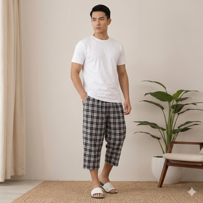Men’s Cotton Check 3 Quarter Trousers – Soft & Stylish