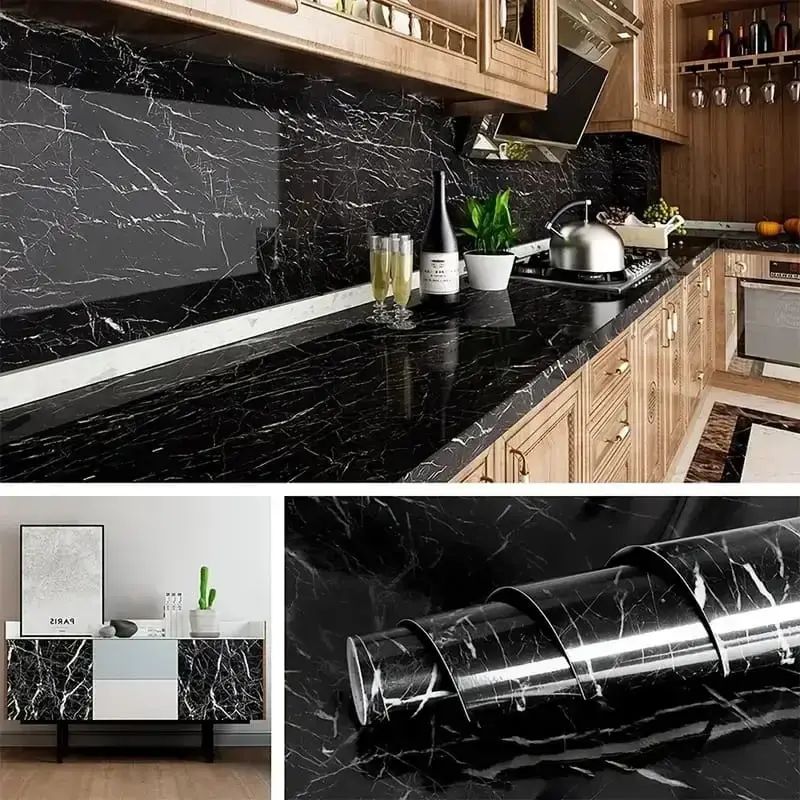 Marble Sheet Premium Self Adhesive White & Black Marble Sheet Sticker Waterproof, Oil & Heat Resistant Decorative Wallpaper for Kitchen, Cupboard, Walls, Cabinets, Countertops & Furniture 60cm × 200cm