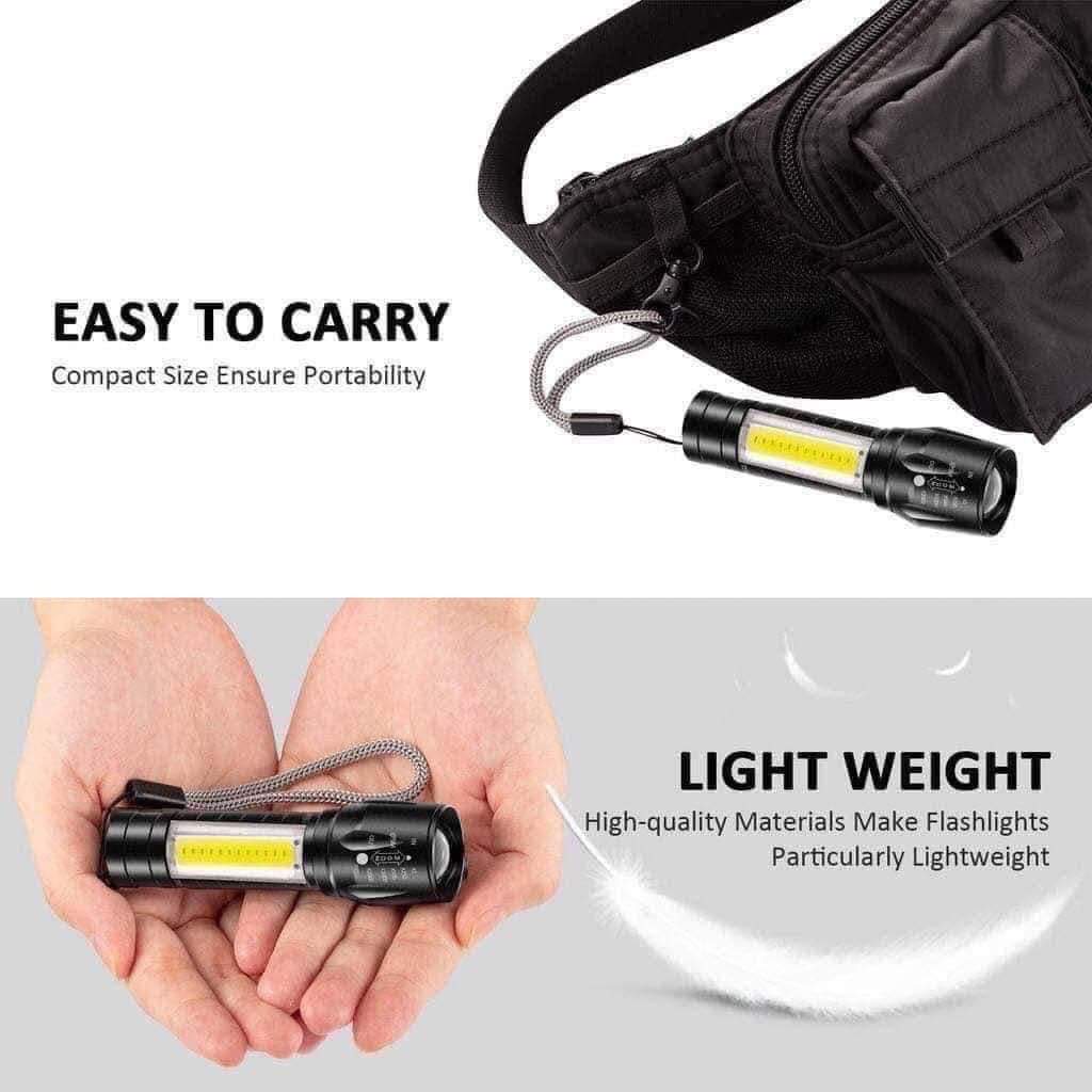 Zoomable Metal COB Flashlight Ultra Bright Rechargeable Waterproof LED Torch for Camping and Hiking