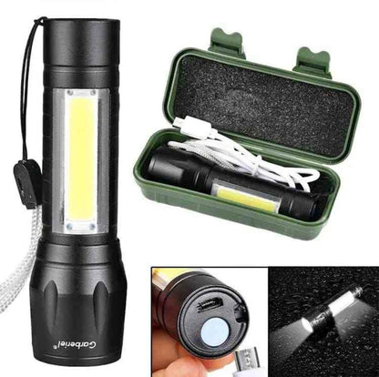 Zoomable Metal COB Flashlight Ultra Bright Rechargeable Waterproof LED Torch for Camping and Hiking