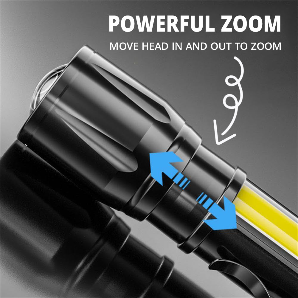 Zoomable Metal COB Flashlight Ultra Bright Rechargeable Waterproof LED Torch for Camping and Hiking
