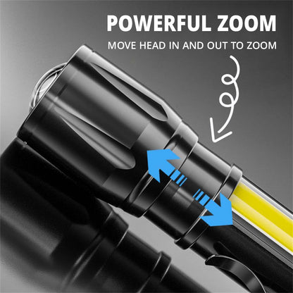 Zoomable Metal COB Flashlight Ultra Bright Rechargeable Waterproof LED Torch for Camping and Hiking