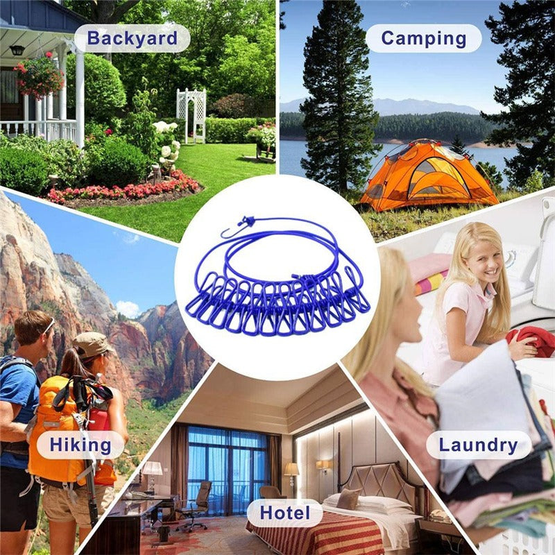 Portable Retractable Clothesline with 12 Clips - Adjustable Laundry Drying Rope, Compact and Lightweight, Perfect for Travel, Camping, and Home Use