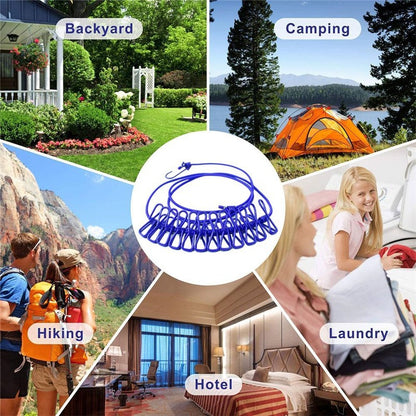 Portable Retractable Clothesline with 12 Clips - Adjustable Laundry Drying Rope, Compact and Lightweight, Perfect for Travel, Camping, and Home Use