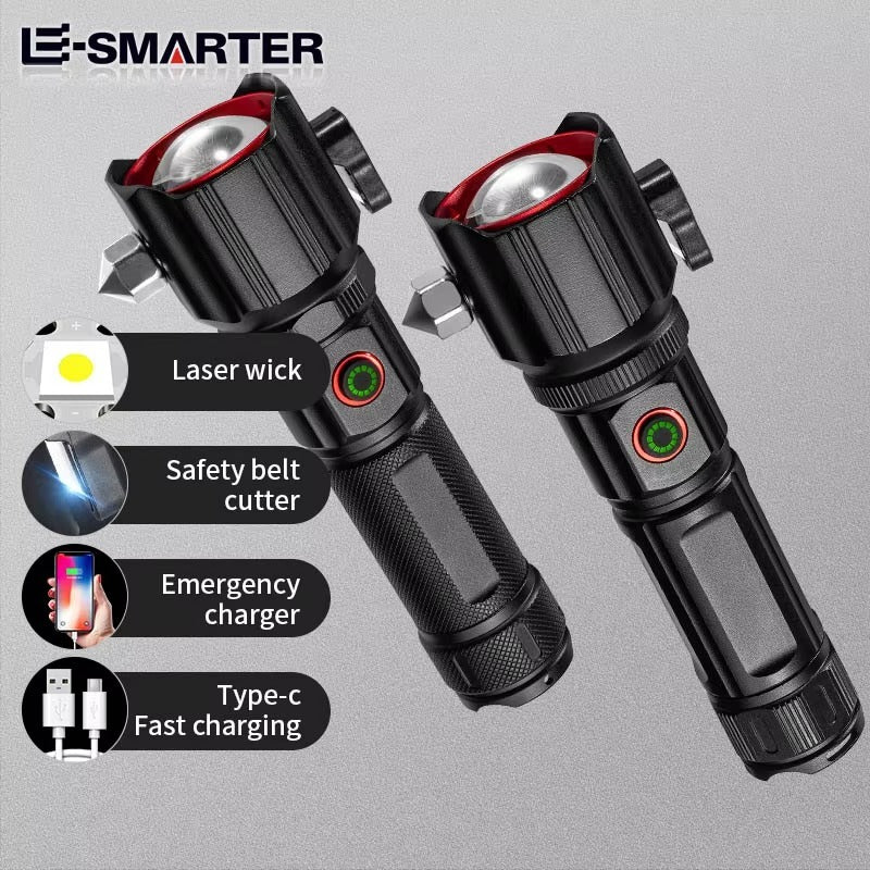 8-in-1 Emergency LED Flashlight – 12000mAh Power Bank, Metal Body Torch with 1KM Range & Safety Tools