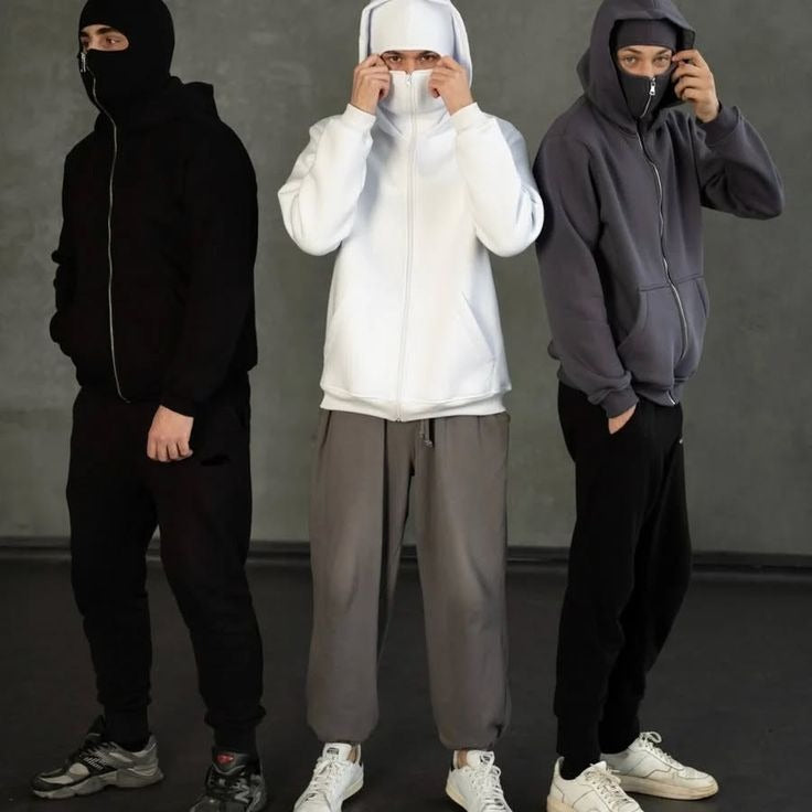Balaclava Ninja Zipper Hoodie for Men – Full Face Mask Hoodie | Winter Windproof Streetwear | Stylish Warm Ninja Jacket