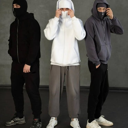 Balaclava Ninja Zipper Hoodie for Men – Full Face Mask Hoodie | Winter Windproof Streetwear | Stylish Warm Ninja Jacket