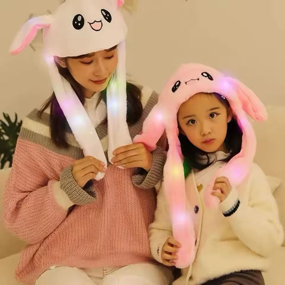 Bunny Ear Jumping Cap with LED Light – Cute Moving Ear Hat for Kids & Adults
