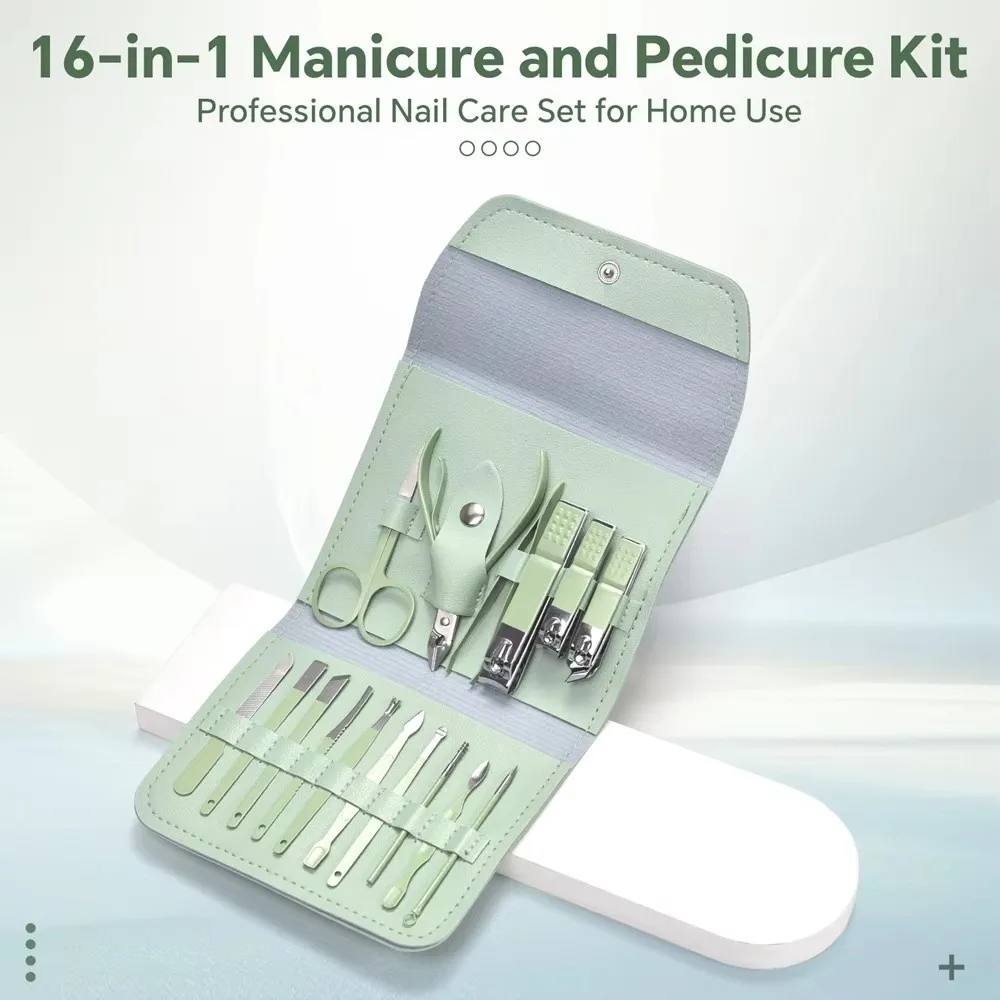 Professional 16pcs Manicure & Pedicure Grooming Kit – Stainless Steel Nail Clipper Set with Travel Case