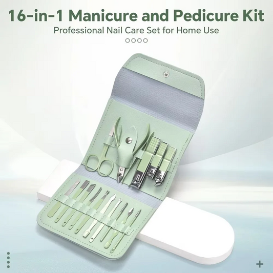 Professional 16pcs Manicure & Pedicure Grooming Kit – Stainless Steel Nail Clipper Set with Travel Case