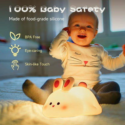 Cute Rabbit Silicone LED Night Light – Soft Touch USB Rechargeable Sleeping Lamp for Kids Bedroom & Nursery - Free Delivery