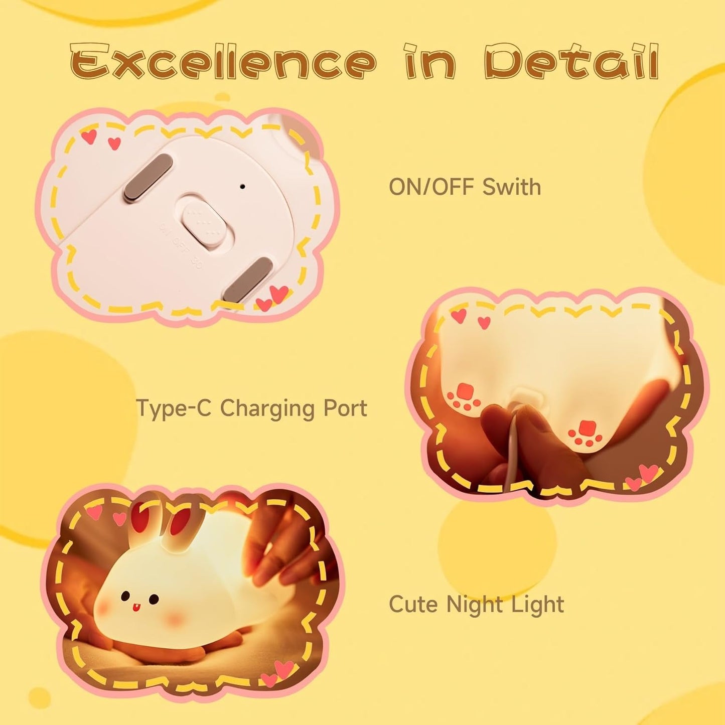 Cute Rabbit Silicone LED Night Light – Soft Touch USB Rechargeable Sleeping Lamp for Kids Bedroom & Nursery - Free Delivery